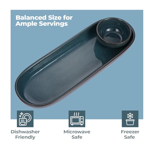 Image of Lifelong Ceramic Serving Platter with Dip Bowl | Stylish Snack Plate Set for Serving French Fries, Pasta, Momos, Nachos & More | Elegant Ceramic Serveware with Chutney & Dip Bowl (LLCRMCB01, Blue)