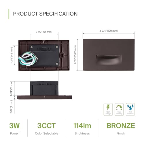 Image of ASD LED Recessed Step Light Fixture, Outdoor & Indoor Stair Tread Lighting | 3CCT, Dimmable, Waterproof, ETL Listed | 3W 120LM 3000K-5000K 120V | Staircase Hardwired Illumination | Dark Bronze