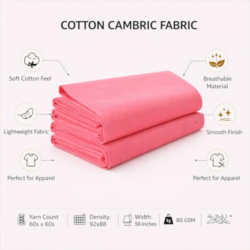Image of Soimoi Pink Solid 60 * 60's Cotton Cambric Fabric by 2 Yards, 56 Inch Wide Light Weight Material Suitable for Kurtis, Blouses, Kids Clothing, Tunics, Dresses and Summer Apparel