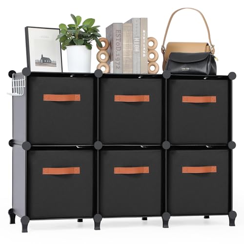 Snuvid Cube Storage Organizer with Storage Bins 6-Cube Shelves Units with 6 Organizer Bins DIY Plastic Storage Shelves with Mallet Closet Clothes Storage Shelves for Home Bedroom Living Room