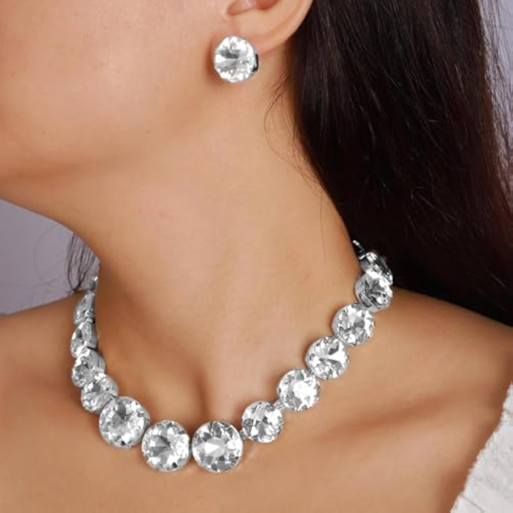 Women's Silver Plated Crystal Studded Round Necklace & Earrings Set