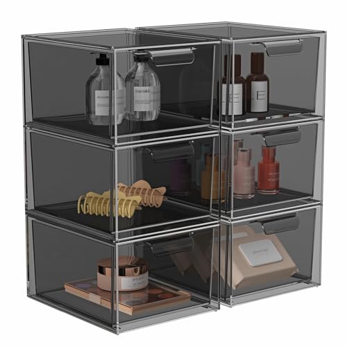 SpaceHacks 6 Pack Stackable Makeup Organizer and Storage, Acrylic Organizers,Clear Plastic Storage Drawer with Pull-Out Handles for Vanity, Undersink, Kitchen Cabinets, Pantry, Black
