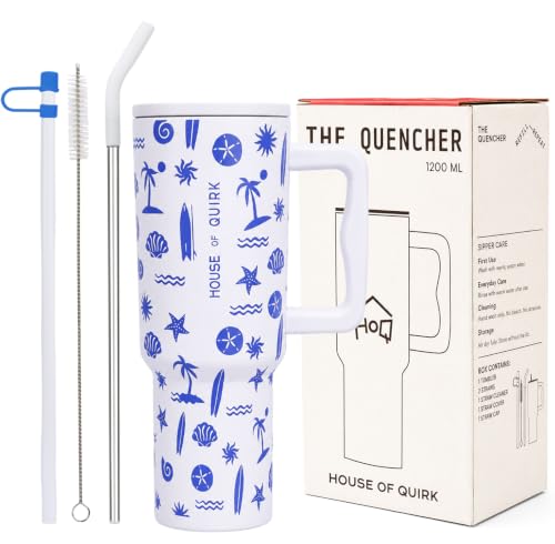 Image of House of Quirk 1200ML Stainless Steel Tumbler with Handle & Lid, 2 Straws - Large Travel Mug Water Cup for Gym, Office & Outdoor Use (Seanova)