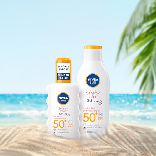 NIVEA SUN Sensitiv Sofort Schutz Sonnenspray LSF 50+, Sonnenmilch mit LSF 50+ für empfindliche Haut, wasserfester & duftfreier Sonnenschutz bei Sonnenallergie (200 ml) 4
