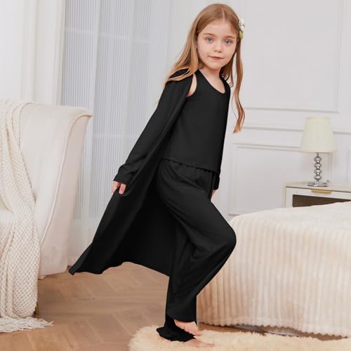 QPANCY Girls 3 Pieces Pajamas Kids Casual Loungewear Open Front Coat Tank Top Pants Pjs Set2