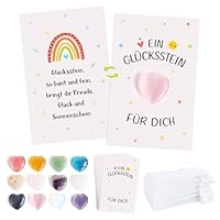BOFUNX 12 Set Kinder Glücksstein, Bunte Herz Glückssteine + Regenbogen Grußkarten + Organzasäckchen, Kinder Geschenk Glücksbringer Mitgebsel für Geburtstag Party und Abschied