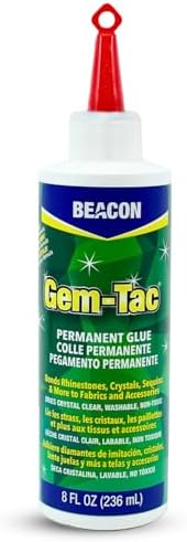 Gem Tac Permanent Glue for Sequins Rhinestones Clear 8oz Beacon - Strong Fabric adhesive for Jeans, Jackets, Rhinestone & Glass- Perfect Art Glue for Embellishing Shoes, Glasses, Gowns & Phones