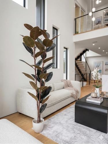Image of Kayra Decor Artificial Rubber Plant 5ft - Lush Green Ficus Elastica Tree with White Pot | Realistic Indoor Rubber Tree for Living Room, Balcony & Office Decor