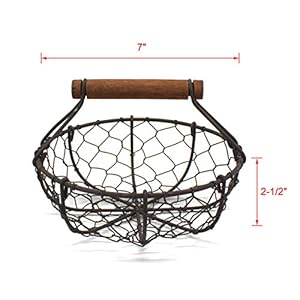 CVHOMEDECO Chicken Wire Egg Baskets Rust Gathering Baskets with Wooden Handle Country Vintage Style Storage Baskets Set of 2 Round