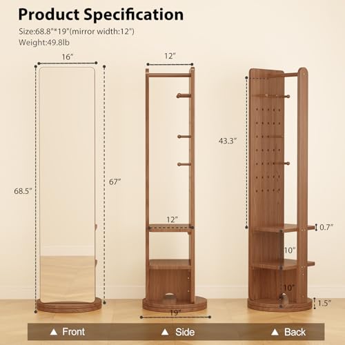 Image of WoodsWhisper Full Length Mirror Coat Rack Solid Wood Floor Mirror 66 inchx12 inch Full Length Mirror with Stand Long Mirrors for Bedroom,Living Room (Walnut Brown, 70 inch L x 16 inch W)
