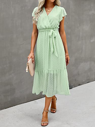 Btfbm Women Summer Bohemian Floral Casual Wrap V Neck Ruffle Cap Sleeveless Belt A-Line Pleated Hem Swing Midi Sun Dress (Swiss Dot Light Green, L) #TOP1