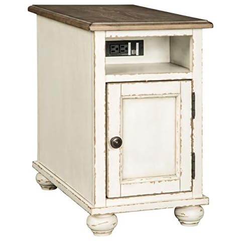Signature Design by Ashley Realyn French Country Chair Side End Table with Outlets & USB Ports, Cream Cover