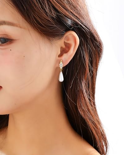 Pearl Earrings for Women, 14k Gold Plated Trendy Diamond Pearl Drop Earrings Bridal Shower Gifts Wedding jewelry for Women2