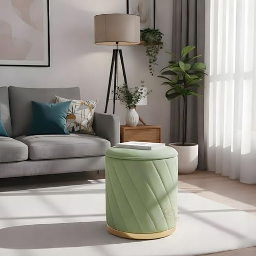 Image of ENIQE STORE Premium Velvet Ottoman Stool | Modern Round Pouffe with Gold Base | Multipurpose Seating | Living Room & Bedroom Decor (Pista Green Set of 2)