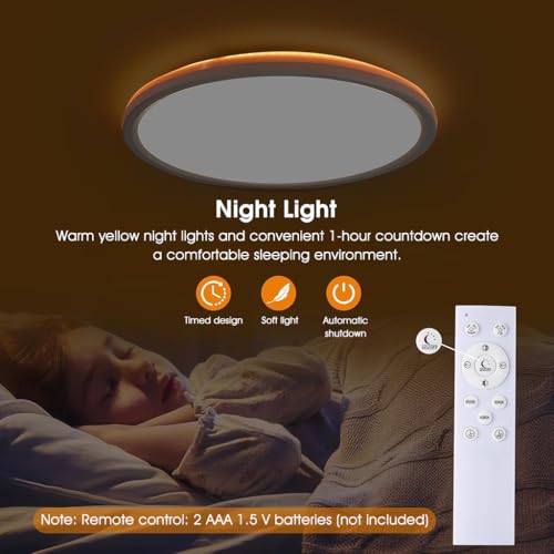 Image of ELEPHANTBOAT Plastic 12 inch LED Ceiling Light with Remote Control,Dimmable 24 W 3-Color Ceiling Light with Dim Night Light 1800k Warm,Round Flush LED Ceiling Lights (White)