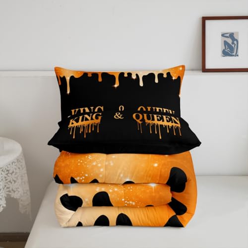 Image of Feelyou Couple King Queen Comforter Set Twin Size, Orange Mr Mrs Bedding Set Anniversary Comforter for Couple Man Woman Valentine Day Duvet Set Adults Wedding Room Decor Bed Set 2Pcs