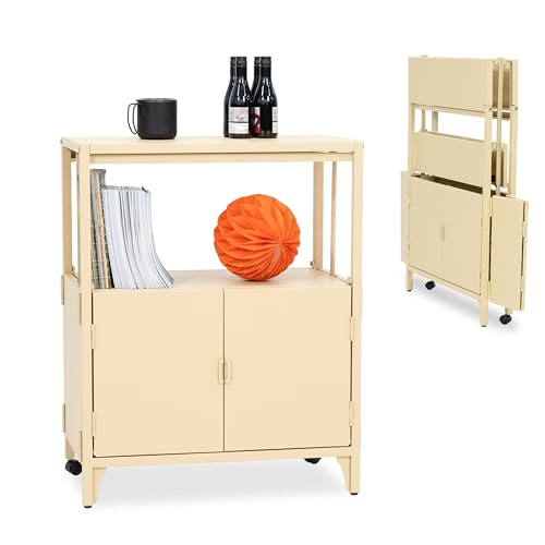 STSDOHAB Yellow Metal Folding Storage Cabinet, Morden Foldable Sideboard, Powder Coated Steel Entryway Console Cabinet for Patio Outdoor Indoor Kitchen Bathroom, 5mins Assembly with Bolt