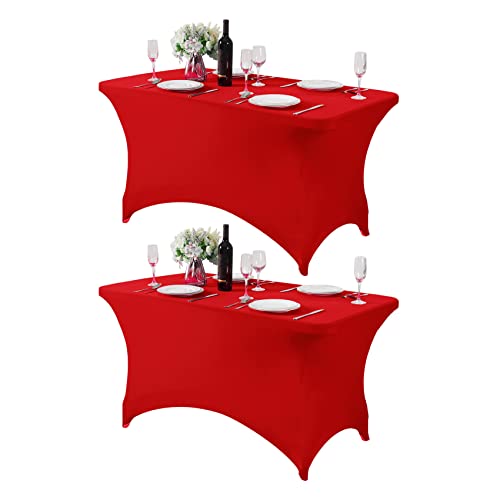 Hezuzo 2Pack Spandex Table Cover for 4FT or 6ft or 8ft Table Universal Fitted Stretch Tablecloth for Party, Banquet, Wedding and Events-Red