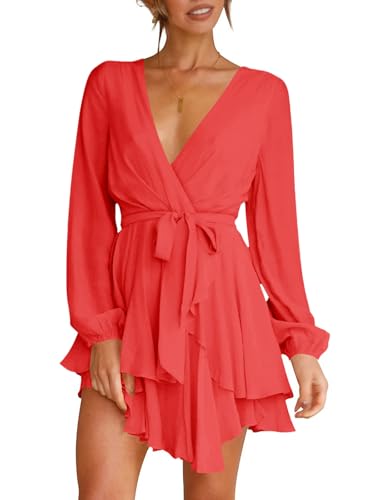 Wenrine Damen Kleider Sexy Tiefer V-Ausschnitt Freizeitkleid A Linie Rüschen Minikleid Langarm Wickelkleid mit Gürtel, Orange, XXL