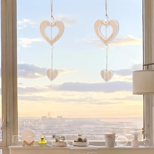 DOPENSPI 2 Stück Fensterdeko Hängend Holz Anhänger, Fensterdeko Dekoanhänger Hängedeko Holz Herz Anhänger für Hochzeit Außendekoration Romantische Holzdekoherzen Wohnzimmer,Tür,Fensters,Baum