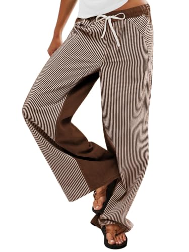Image of PEIHOT Low Rise Striped Pants for Women Pull On Drawstring Boho Wide Leg Jeans Trendy 2026