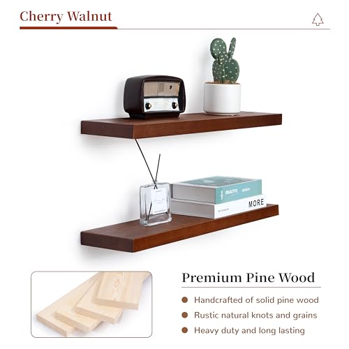 Marsmiles Wooden Floating Shelves 24 Inch, Rustic Wall Mounted Shelves Cherry Wood Color Set of 2, Solid Pine Wood Shelves for Bathroom Kitchen Living Room Bedroom - Cherry Walnut - Image 5