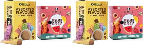 Image of Bevzilla Instant Iced Tea Mix (10 Flavours, 30g Each) | Perfect for Summer + 10 Instant Coffee Cubes with Date Palm Jaggery, 5 Flavours, No Sugar, No Preservatives (Pack of 2)