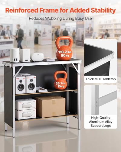 Image of VEVOR Folding Portable Bar Table, 38.6 x 15.2 x 34.3 in, with Carry Bag, Storage Shelf, and Detachable Skirt, Quick and Easy Setup, Foldable Mobile Bartending Station for Events, Party, Tradeshow