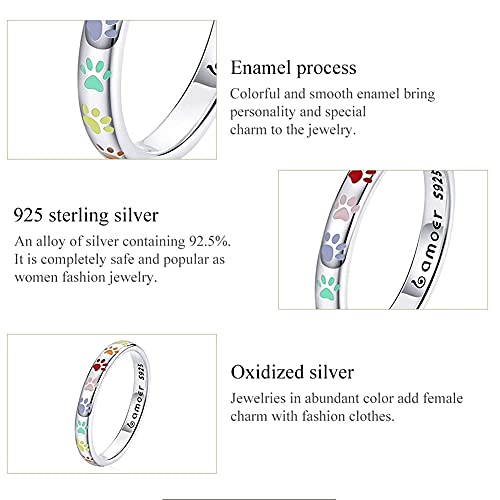 Bisaer S925 Sterling Silver Puppy Dog Cat Paw Ring, Multicolor Pet Print Enamel Ring For Women Girls. #TOP5