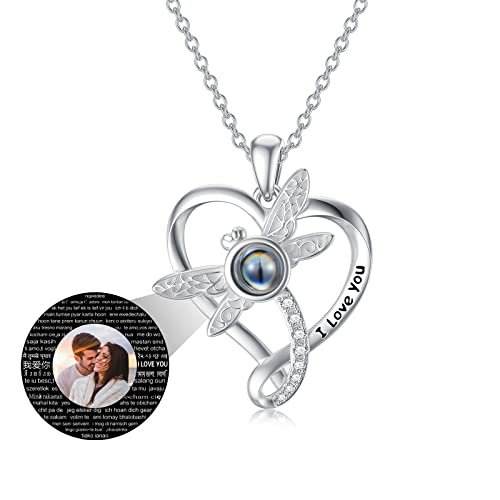 Dorunmo Personalized Photo Picture Projection Pendant Necklace I Love You Necklace 100 Languages Romantic Gifts for Girlfriend Women 925 Sterling Silver Dragonfly Heart Pendant Necklace for Birthday Anniversary