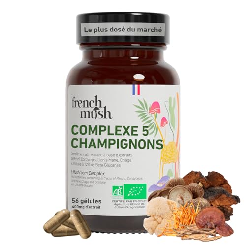 Complexe 5 Champignons Bio - 56 Gélules Vegan - Shiitake, Lion's Mane, Reishi, Cordyceps, Chaga - Digestion, Bien-Être Intérieur - 2 Gélules Par Jour - Testé en Laboratoire - Fabriqué en France
