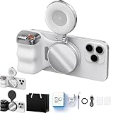Fun Shot Magnetic Grip for Phone, Magnetic Selfie Grip Plus, 360 Adjustable LED Light, Wireless Bluetooth Shutter, Image Stabilization/Tripod/Beauty Fill Light (White*1)
