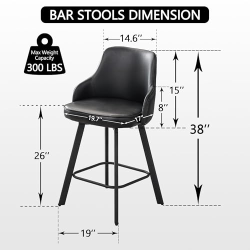Image of Black Bar Stools Set of 3, 26 inch Faux Leather Counter Stools with High Back