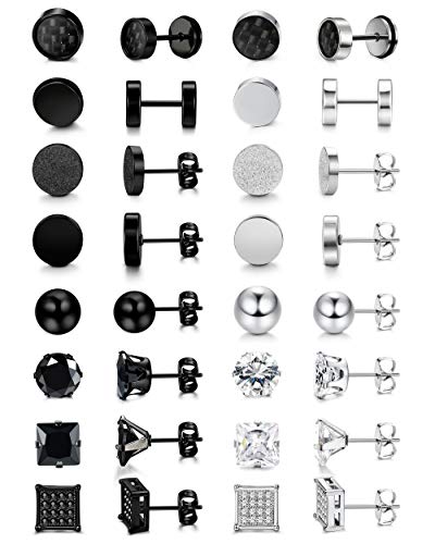LOYALLOOK Stainless Steel Black Stud Earrings Silver Cubic Ziconia Stud Earrings Sets Tunnel Earring Ball Studs for Women Men 16 Pairs