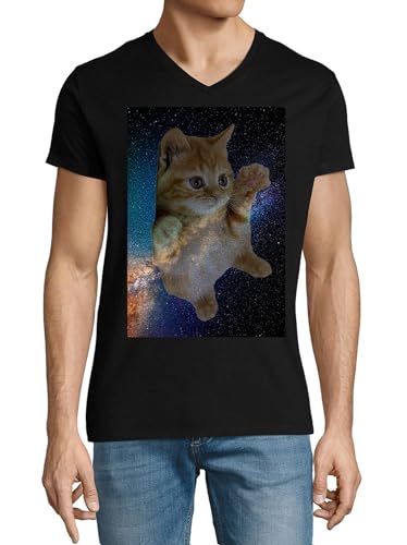 T-shirt chat galaxie col en V homme coton noir vêtement graphique imprimé taille XL
