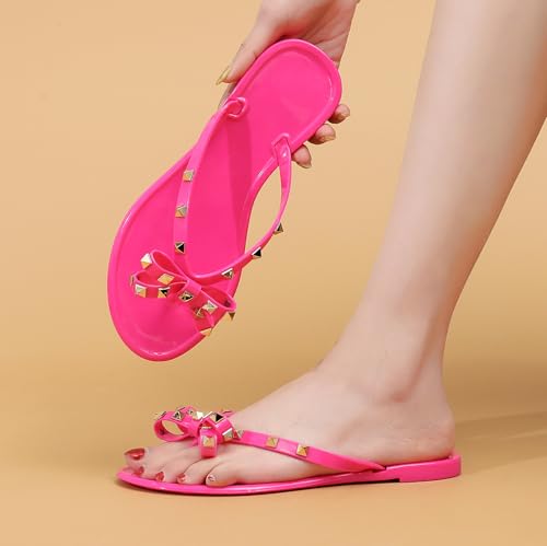 Image of Studded Jelly Shoes for Womens Bow Flip Flops Jellies Sandals Flat Black Summer Beach Thong with Rivets Strappy Slides Slip On