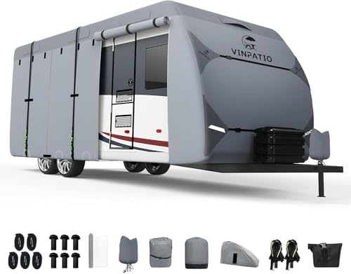 Image of VINPATIO RV Cover, 7 Layers Heavy Duty RV & Trailer Cover, Toy Hauler Cover Fits 14'-16' Travel Trailer, Camper Cover with Tongue Jack Cover, Extra Windproof Straps, Gutter Covers