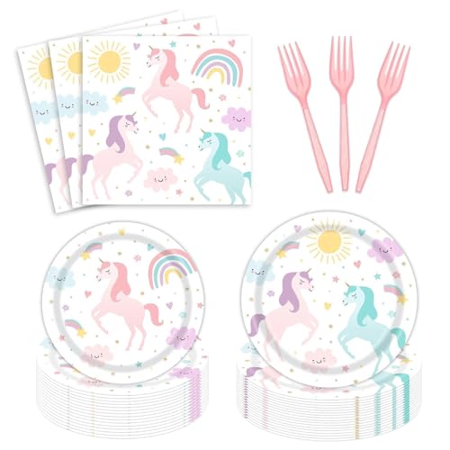 96PCS Magical Pastel Unicorn Paper Plates Napkins Rainbow Unicorn Party Decorations Unicorn Happy Birthday Tableware Set Serves 24 Guests Birthday Party Favors for Girl