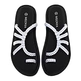 MEGNYA Ladies Casual Cushion Thin Braided Strap Snadals, Comfy Anti Slip Sandals for Walking, Waterproof Flat Big Toe Post for Beach Outdoor Sea White Size 8