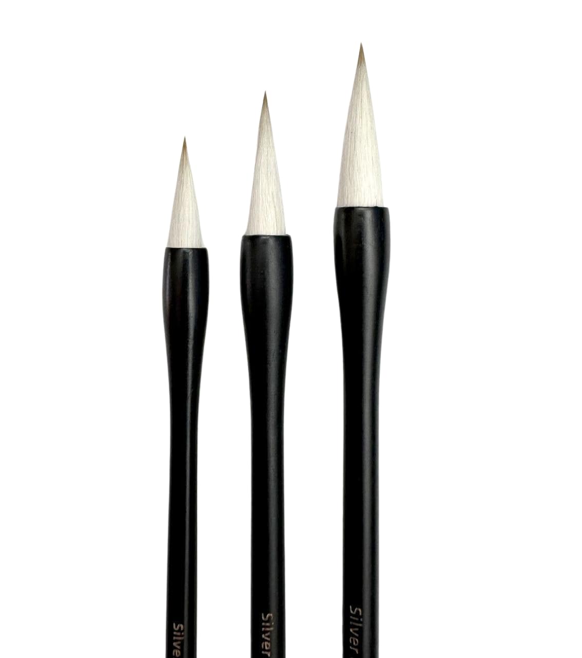 Michael Solovyev Signature - Juego de pinceles de caligrafía plateados, pinceles de acuarela premium, mango de madera maciza, cabello natural mixto, 3 tamaños (#2b, #4b, #6) | (negro)