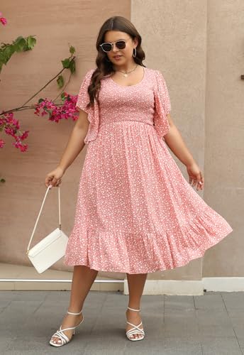 Image of Keluummi Plus Size Wedding Guest Midi Dress for Curvy Women, Summer Casual Boho Floral Empire Waist Party Dress with Pockets(18 Plus, 03 - Pink Floral)