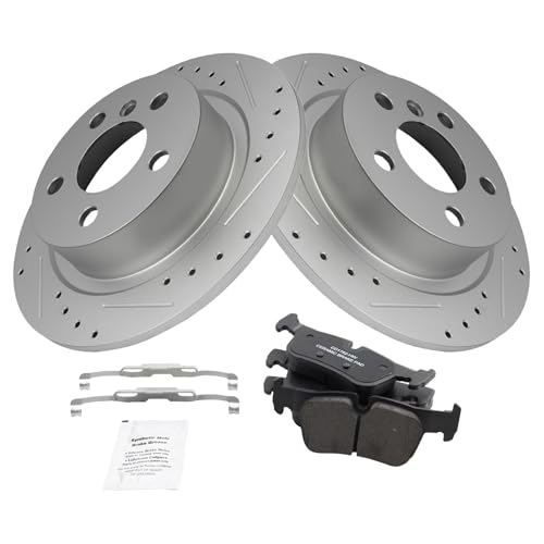 Image of TRQ Performance Rear Brake Pad and Rotor Set Ceramic Coated Drilled Slotted Rotors Compatible with 2014-2020 BMW i3 2018-2020 i3s 2016-2021 Mini Cooper Clubman 2017-2021 Cooper Countryman