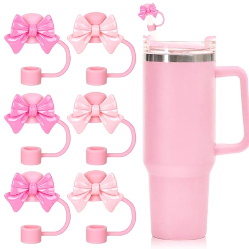 JarThenaAMCS 6Pcs Bow Straw Covers Lovely Pink Bowknot Portable Drinking Straw Tips Cover Reusable Cute Straw Protector Topper for 0.4in Straws, Cup Accessories