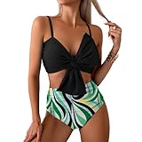 MIYOUJ Womens Bikini Set High Waisted Swimwear Tie Knot High Rise Two Piece Swimsuits Bathing Suits (Black Green, Small)