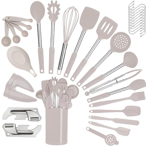Kitchen Utensils Set-Silicone Cooking Utensils-35 Kitchen Gadgets & Spoons for Nonstick Cookware-Silicone and Stainless Steel Spatula Set-Best Kitchen Tools, Useful Pots and Pans Accessories (Khaki) - Image 7