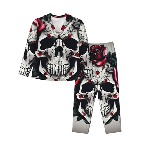 Pyjama manches longues femme 2 pièces contre le froid motif rose rouge et tête de mort