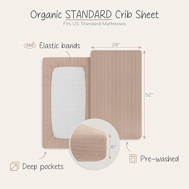 Crib Sheets ¨C Organic Cotton Muslin Fitted Crib Sheet ¨C Standard Size for Baby Boy and Baby Girl 28 x 52 Ultra-Soft and Breathable. (Natural Stripe)