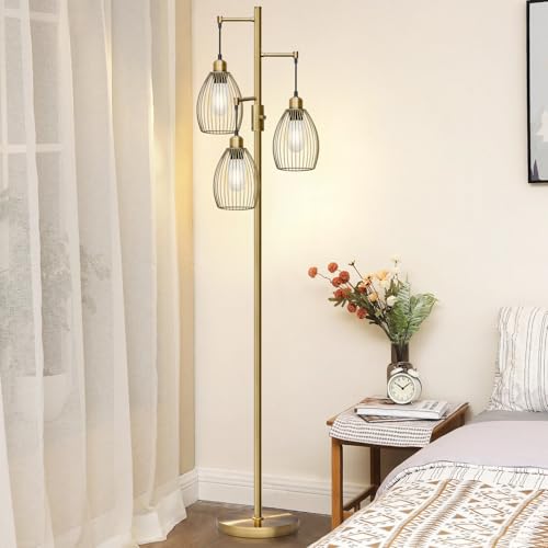Image of Dimmable Floor Lamp, 3 x 800LM LED Edison Bulbs Included, Farmhouse Industrial Floor Lamp Standing Tree Lamp with Elegant Teardrop Cage Tall Lamps for Living Room Bedroom Office Dining Room-Brass