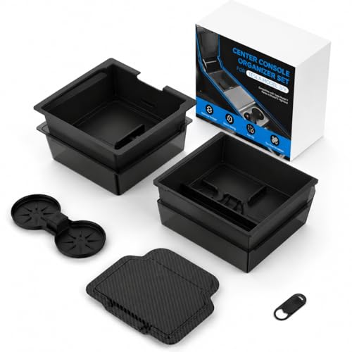 Mikogo Center Console Organizer Tray for Tesla Model Y Juniper 2025-2026 & Model 3 Highland 2024-2026 - Tesla Accessories Storage Double Layer Tray Silicone Non-Slip Surface Cup Holder & Camera Cover