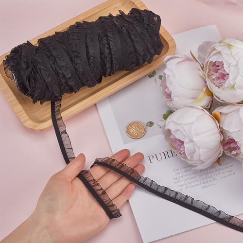 GORGECRAFT 50 Yards Elastic Ruffle Lace Trim 1.5cm Chiffon Pleated Stretch Ribbon Frilly Lace Fabric Gathered Edging Trimming for Hair Tie Headband Lingerie Underwear Sewing Crafts Home Decor Black - Image 3